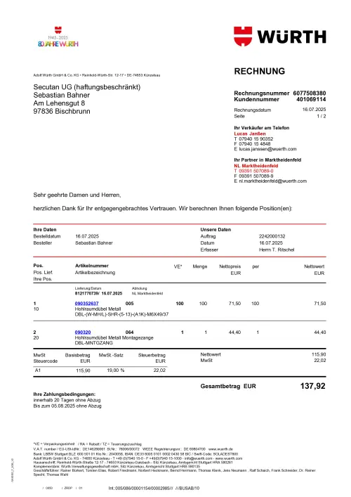 Thumbnail: 2025-07-16_2025-07-16_WG- Würth Rechnung 6077508380; 16_07_2025; KD 401069114