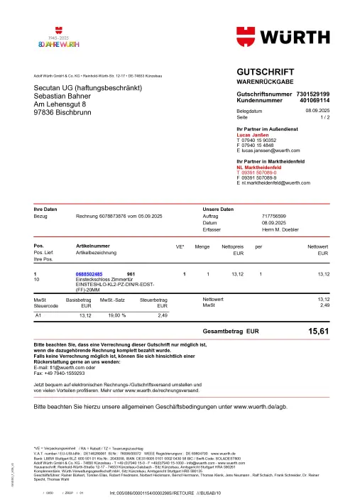 Thumbnail: 2025-09-08_2025-09-08_Fw- Würth Gutschrift 7301529199; 08_09_2025; KD 401069114