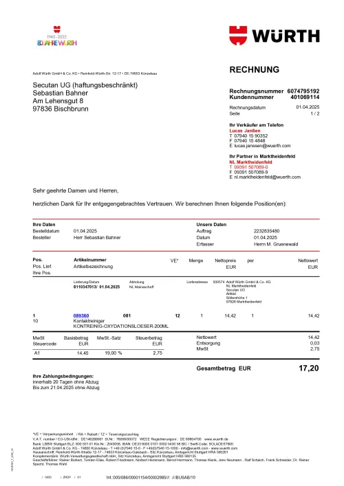 Thumbnail: 2025-04-01_2025-04-01_Fw- Würth Rechnung 6074795192; 01_04_2025; KD 401069114