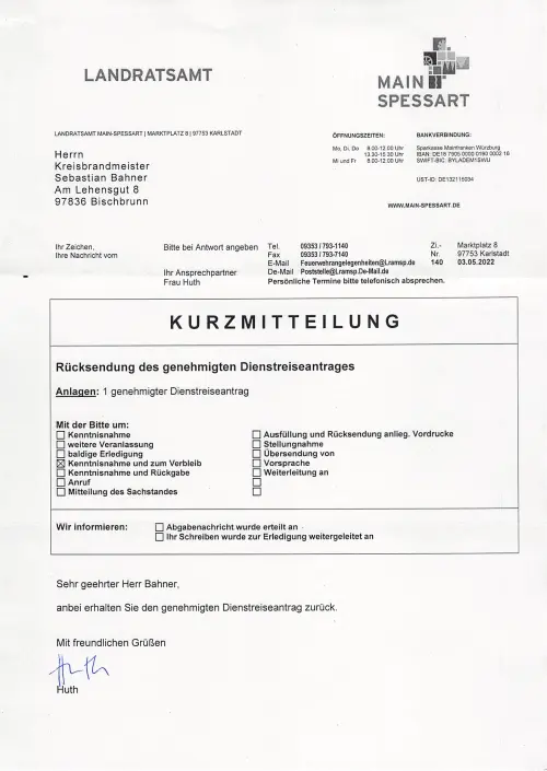 Thumbnail: Rücksendung des genehmigten Dienstreiseantrages