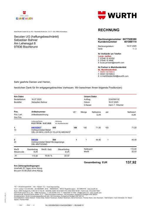 Thumbnail: 2025-07-16_2025-07-16_WG- Würth Rechnung 6077508380; 16_07_2025; KD 401069114